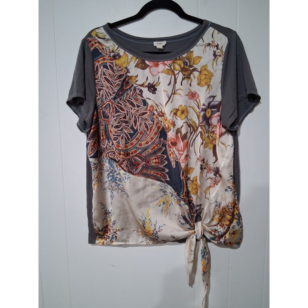 Tiny Brand Mixed Media Floral Blouse Top Gray Sleeves Back Size L Boho Style